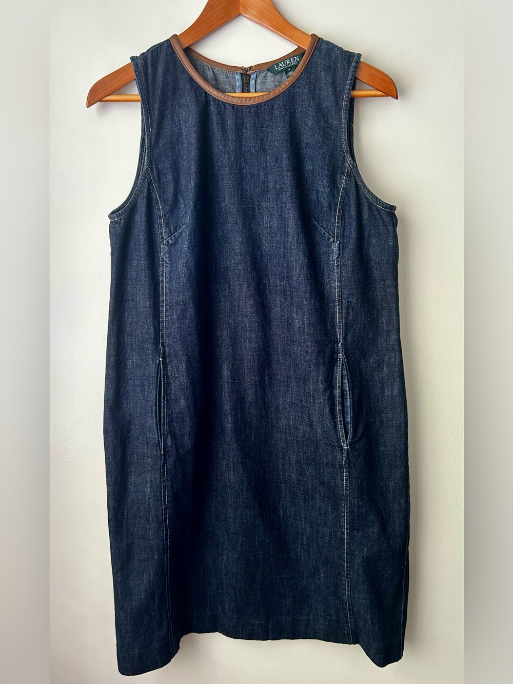 Ralph Lauren Dark Blue Denim Shift Dress with Brown Trim